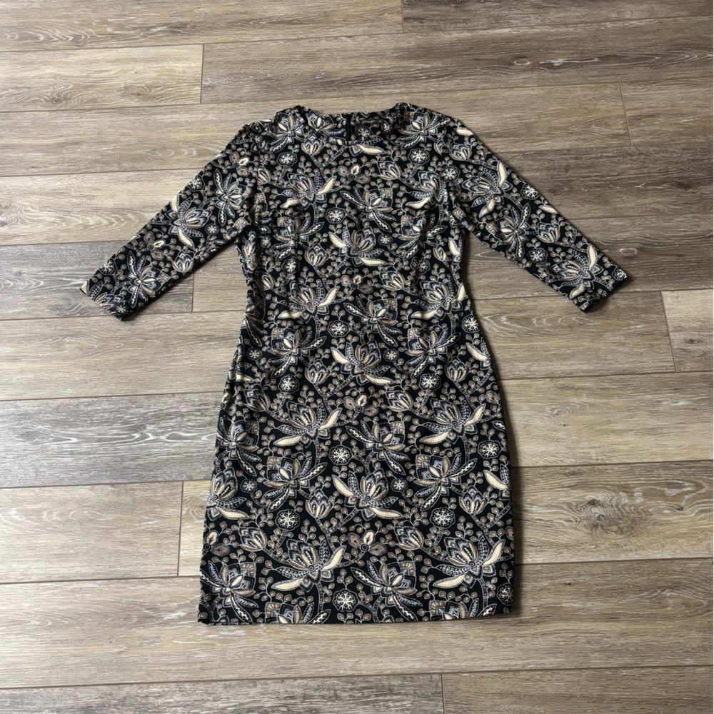 J McLaughlin Sophia Dress Sz M Black Floral Catalina Cloth Office Preppy Chic
